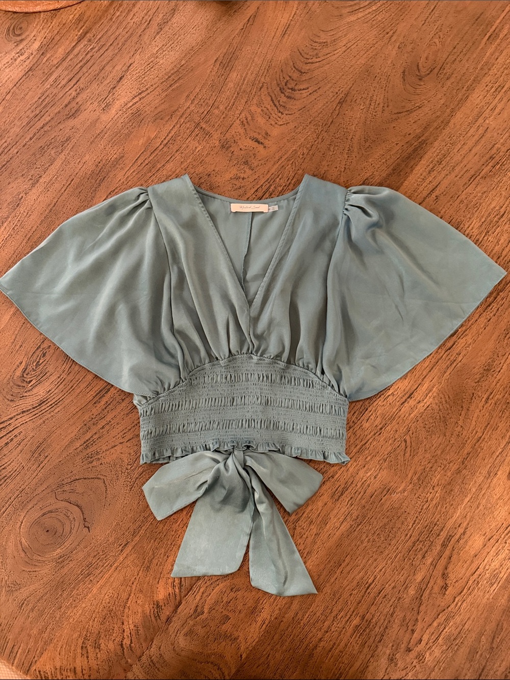 Mustard Seed Boutique Sage Tie-Back Smocked Waist V-Neck Blouse Size M
